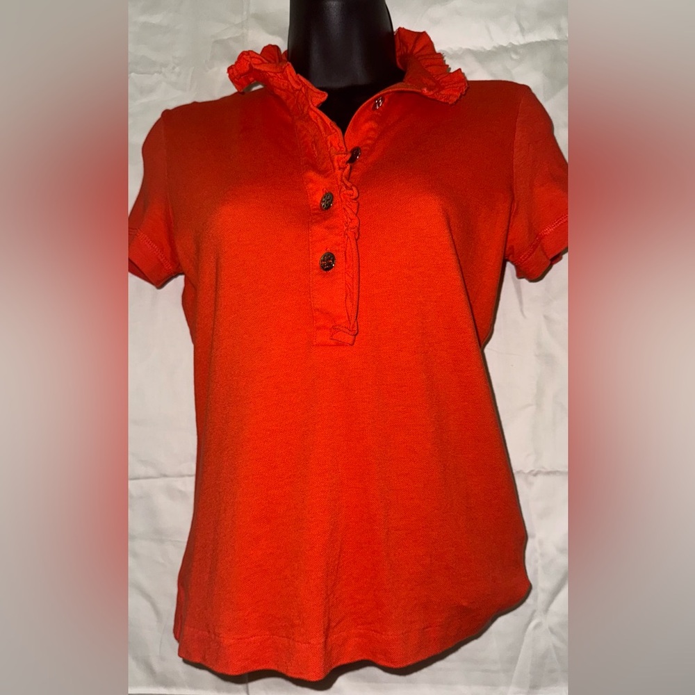 Tory Burch Orange Polo with Lettuce Collar Trim